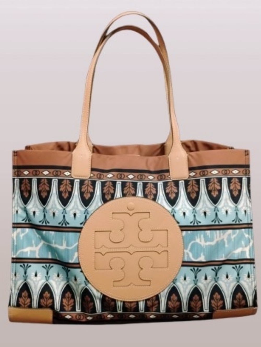 LIKE NEW Tory Burch Large Ella Tote - Tan Trim w/Aqua, Navy, Brown Pattern - Picture 5 of 15
